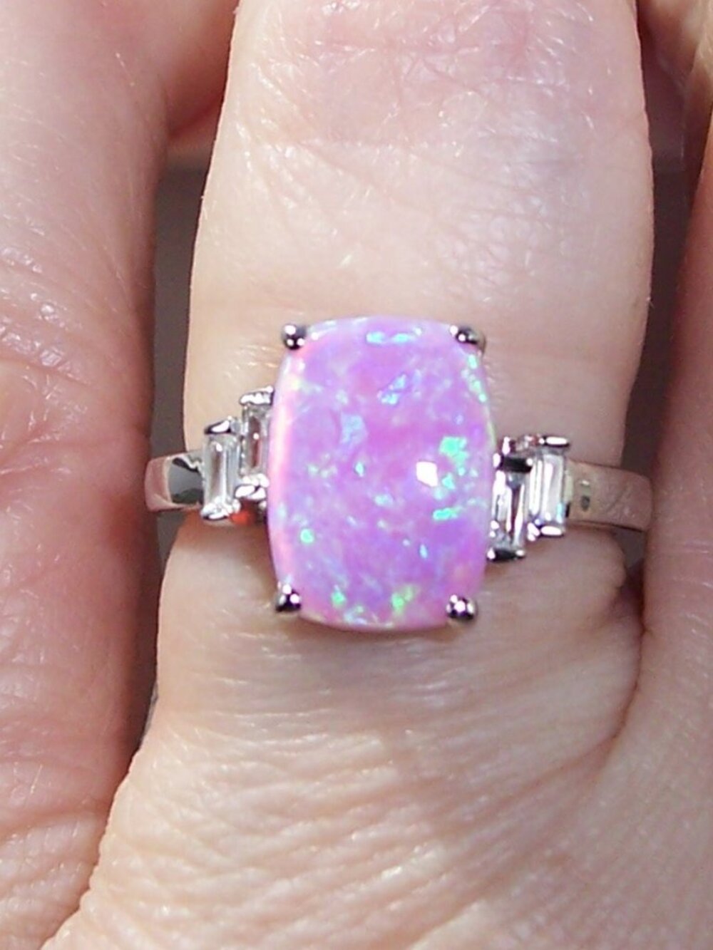 925 STERLING SILVER Lab Created Pink Fire Opal Cubic Zirconia Ring - Picture 4 of 16